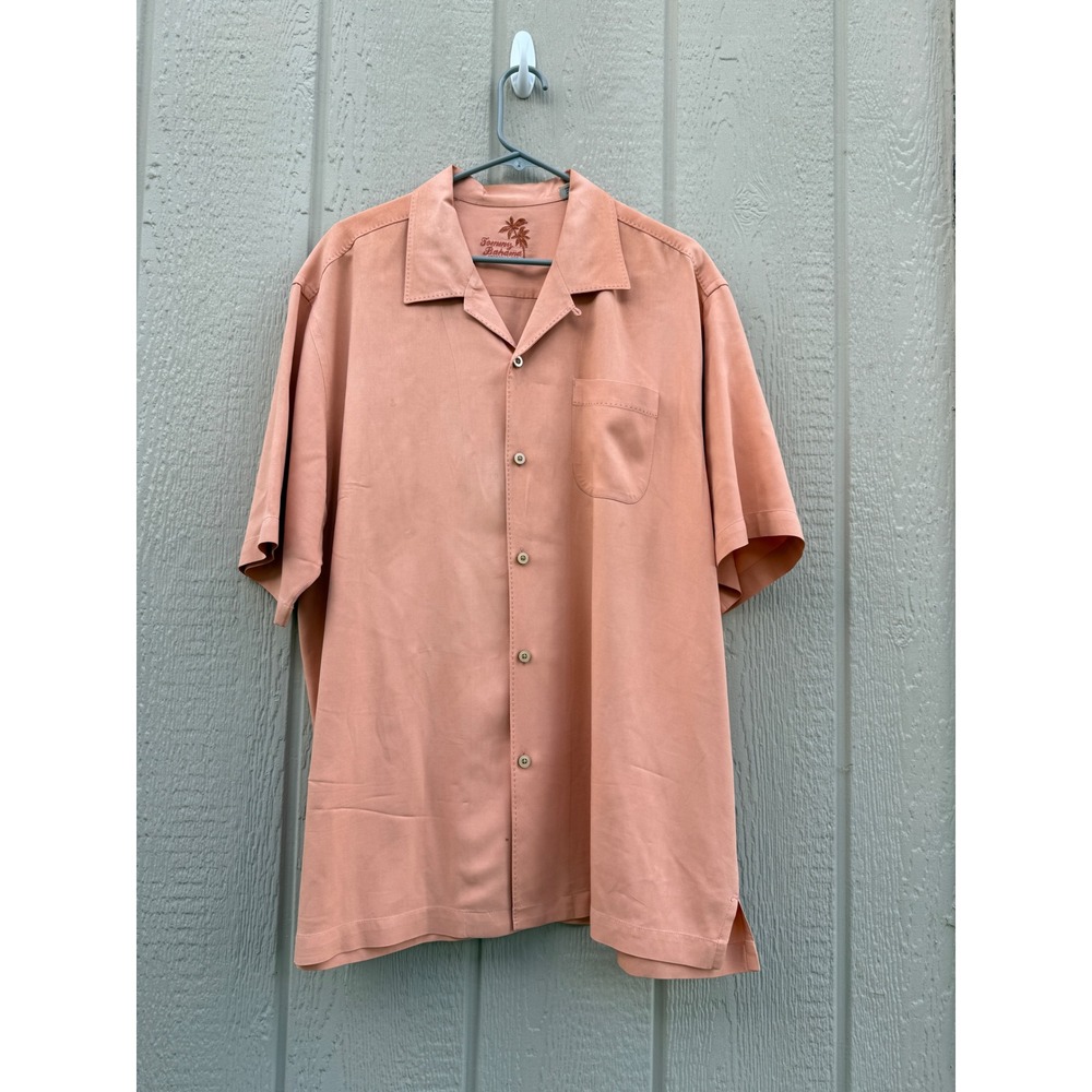 Tommy Bahama XL Camp Shirt Tropical Salmon 100% Silk Pocket Button Down